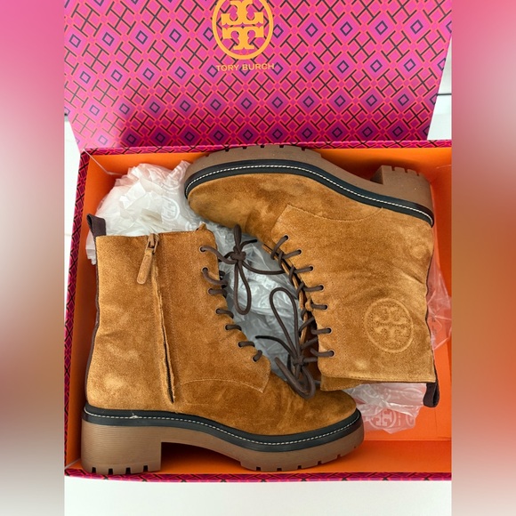 Tory Burch Miller 50MM Lug Sole Bootie Nat Suede/ Rhum-Port Women's Size 8.5 - Picture 5 of 12
